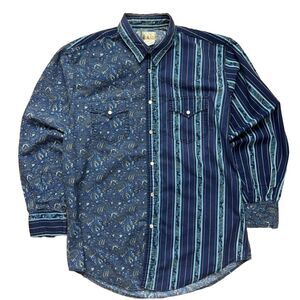 Vintage 90s Express Rider Mens L Shirt Pearl Snap Front Blue Paisley Stripe